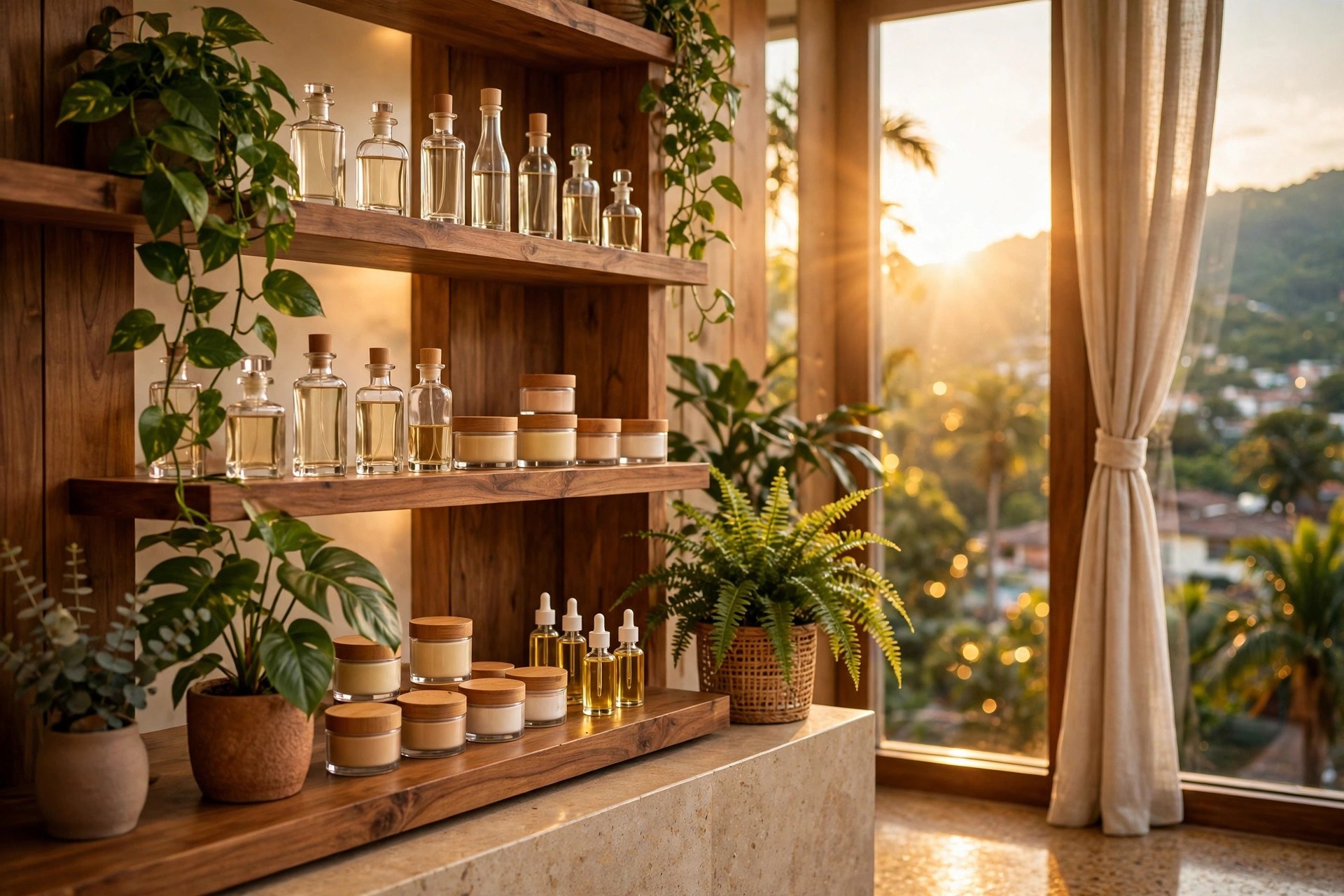 Estantes de productos de belleza con luz dorada y plantas