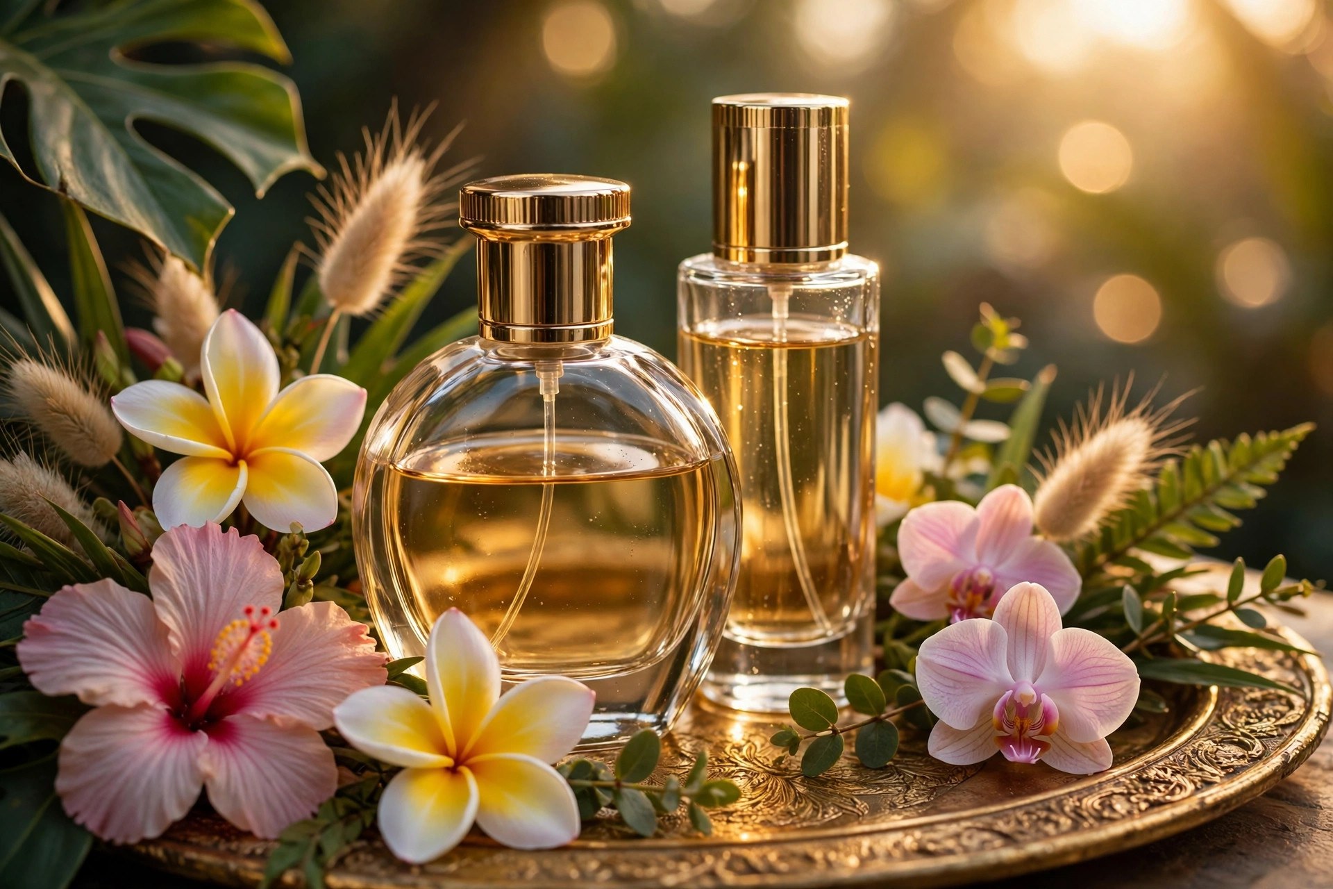 Perfumes en una bandeja dorada con flores tropicales
