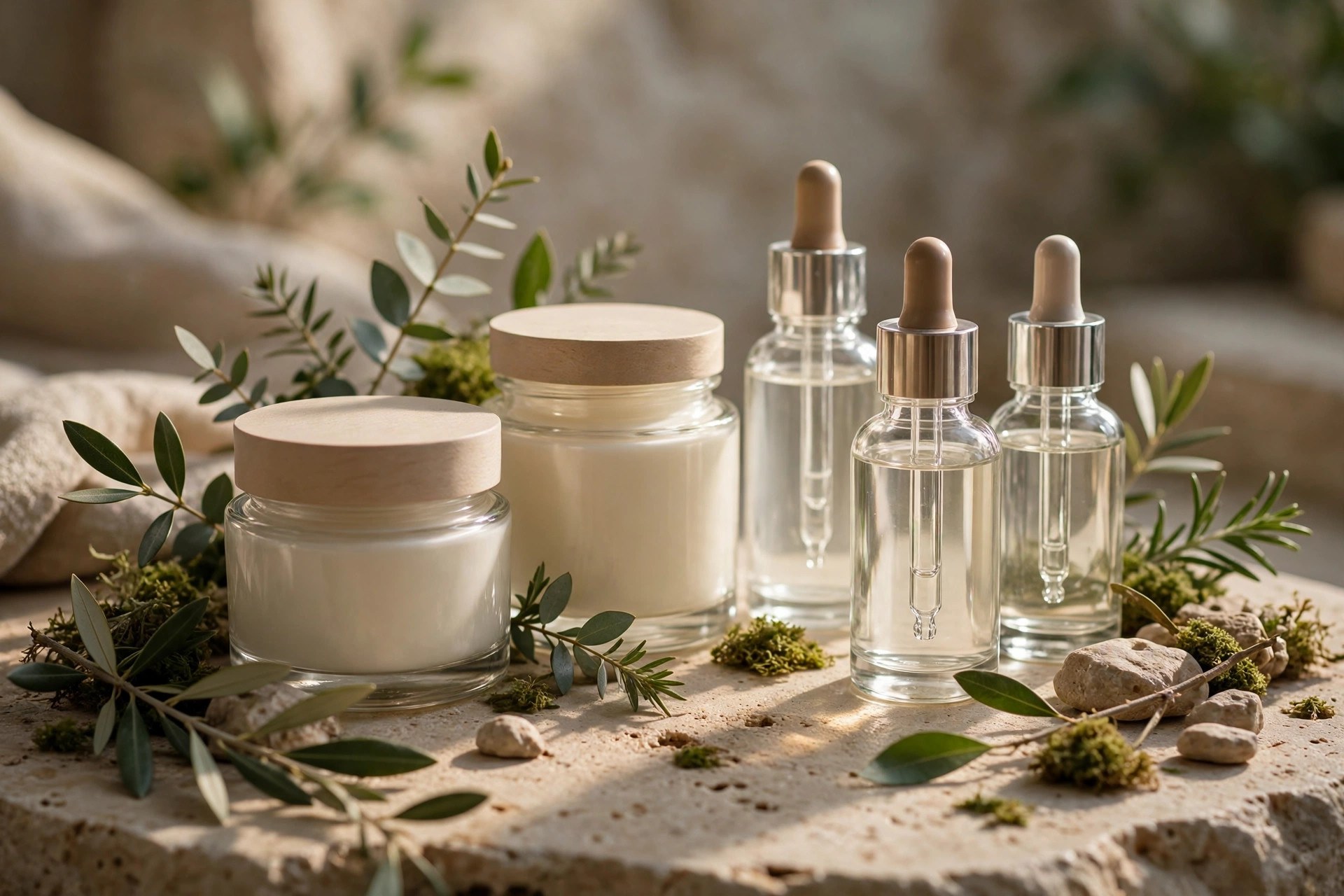 Productos de cuidado de la piel con ingredientes botánicos