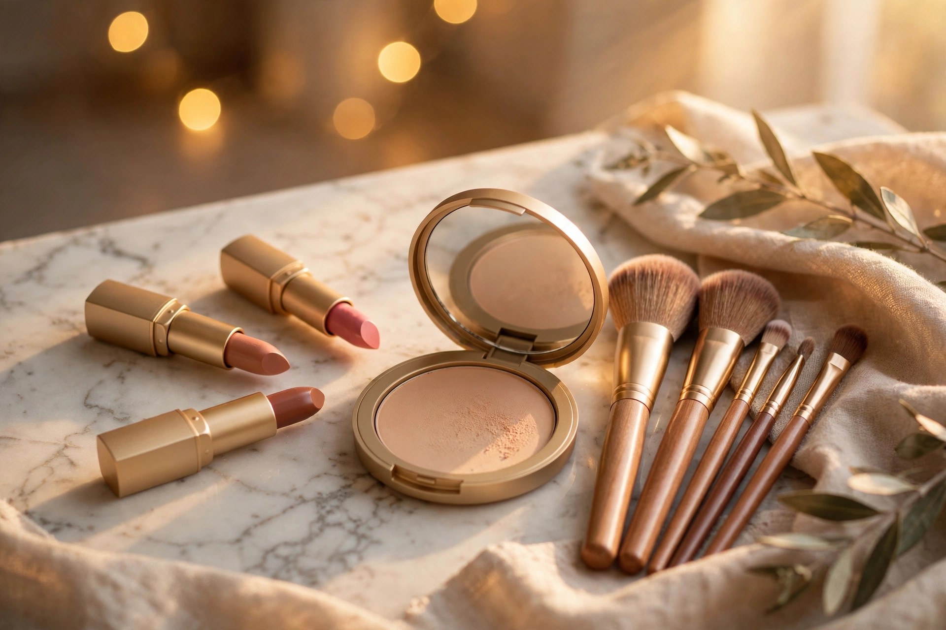 Maquillaje y productos de belleza sobre un tocador de mármol